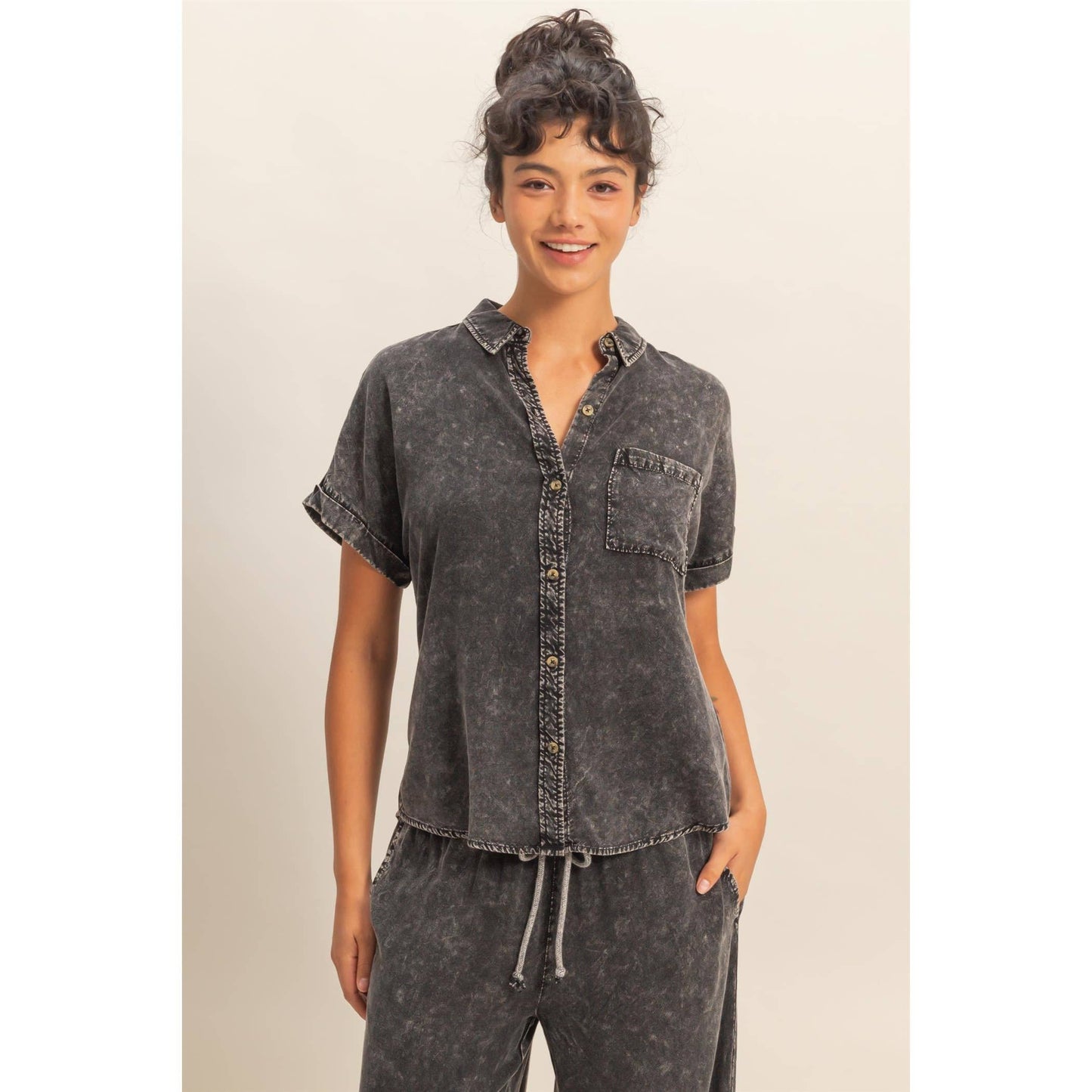 Mineral Wash Button-Up Dolman Sleeve Shirt, Feathered Farmhouse