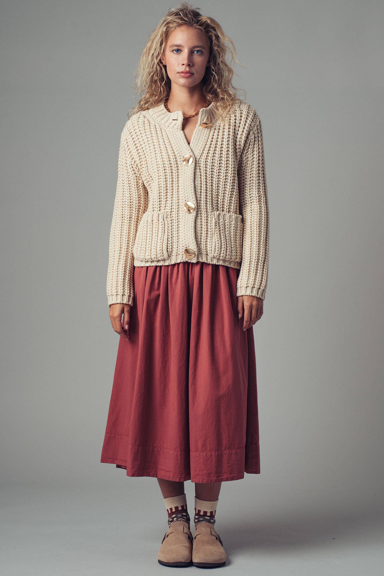 Chunky Gold Button Ribbed Knit Cardigan, Feathered Farmhouse