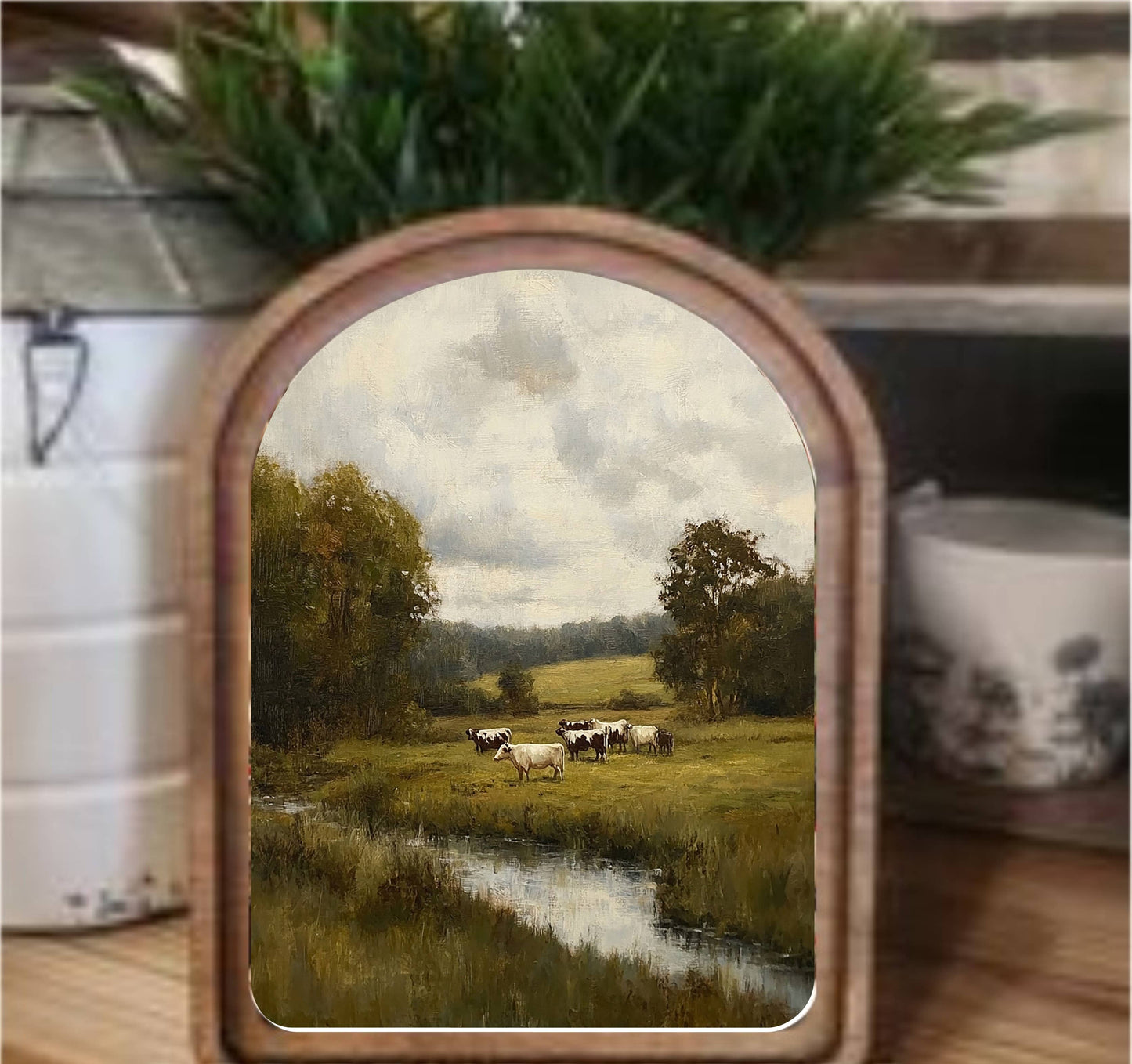 Green Pasture Framed Art Arch Top, Feathered Farmhouse