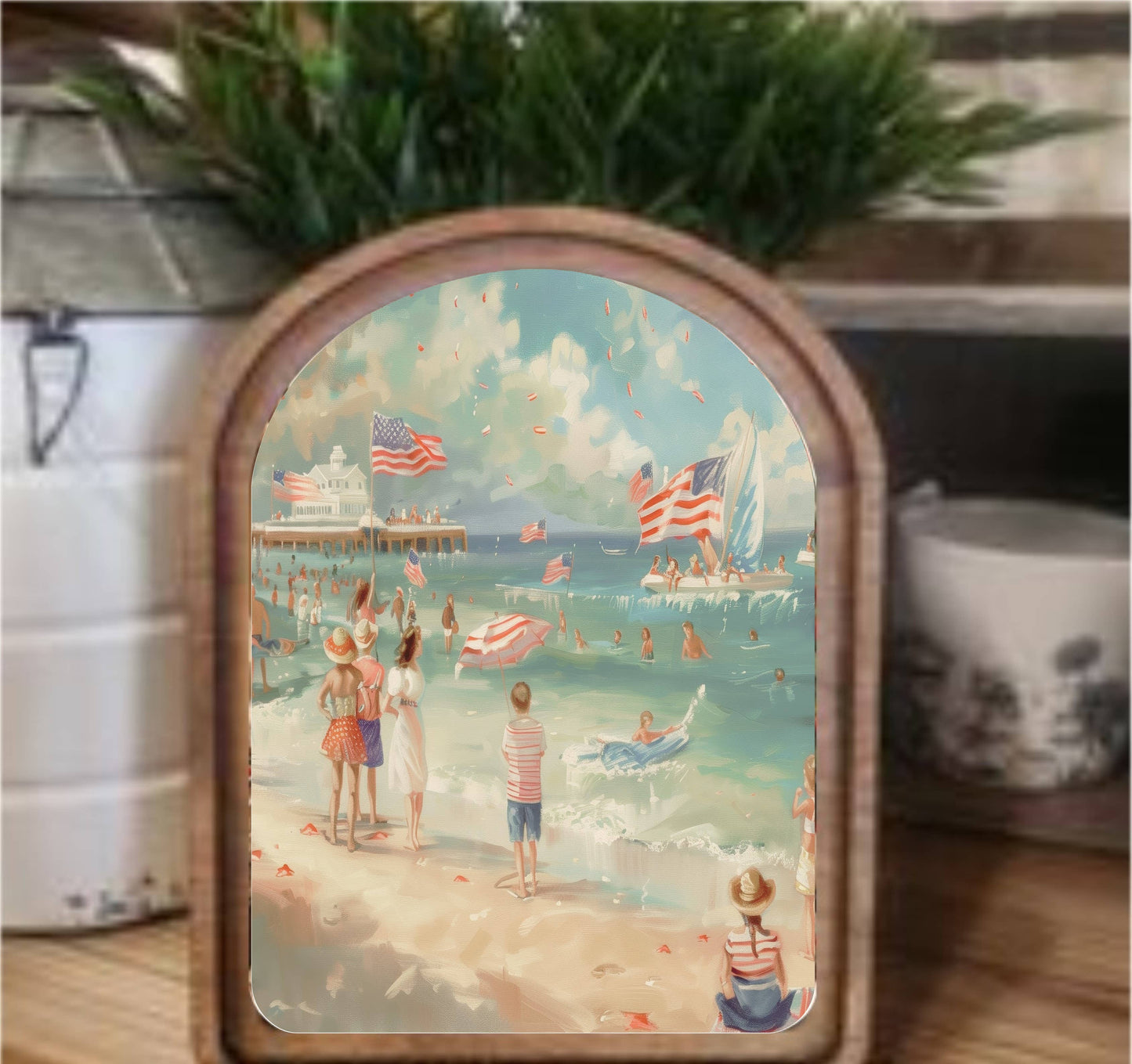 Patriotic Beach Scene Framed Arch, Feathered Farmhouse