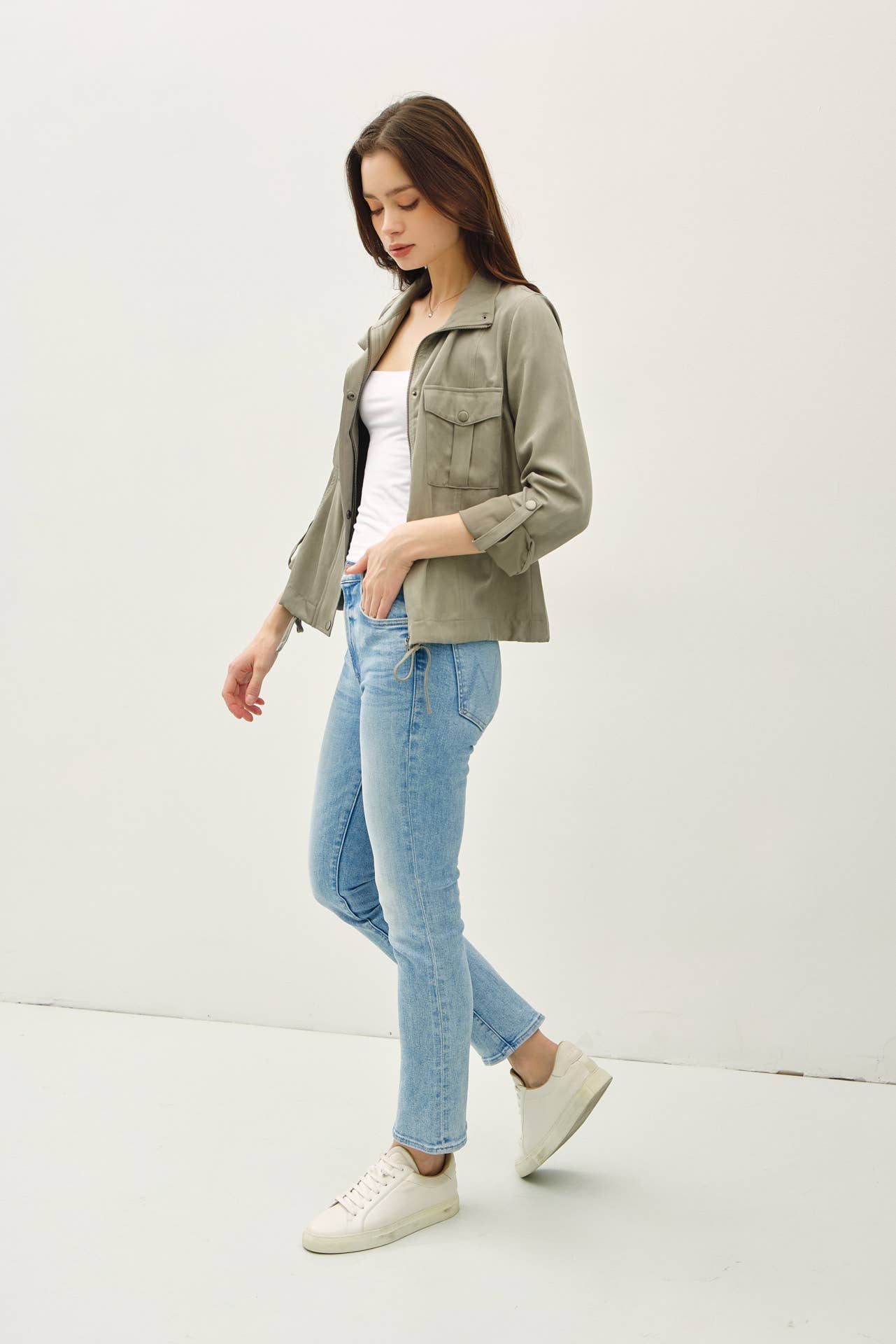 Dusty Sage Cropped Utility Jacket, Feathered Farmhouse