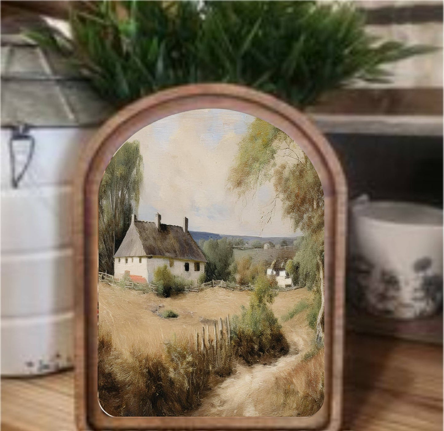 White Cottage Framed Art Arch Top, Feathered Farmhouse