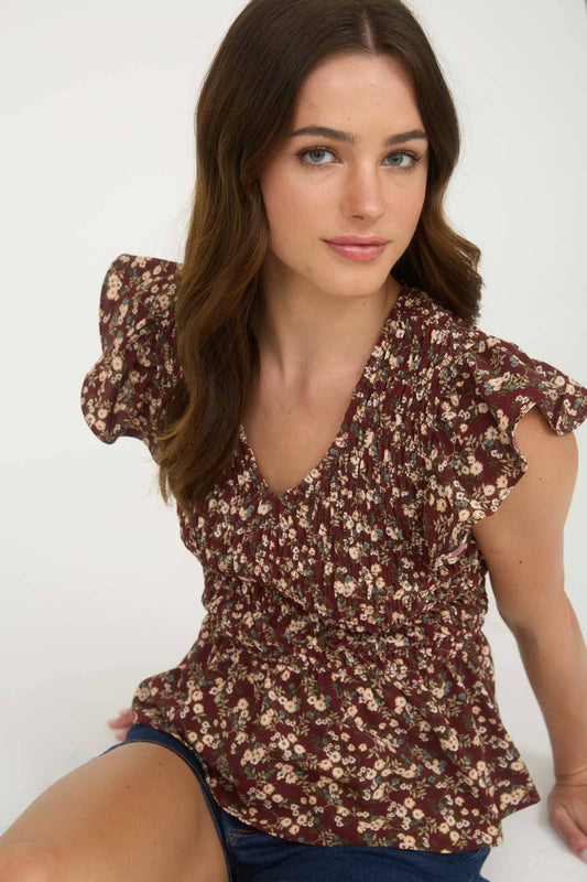 Floral Smocked Ruffle Sleeve Top, Feathered Farmhouse