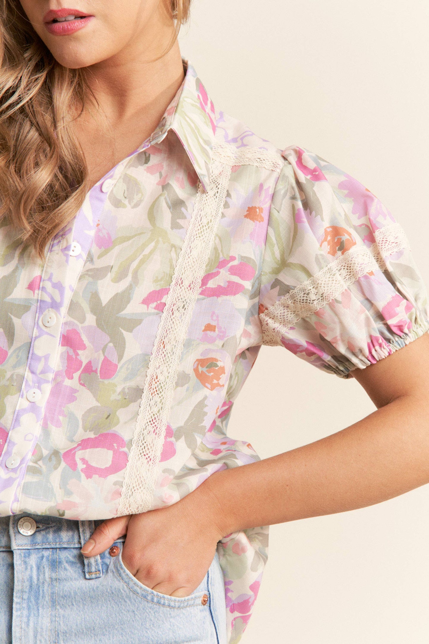 Floral Print Button Up Puff Short Sleeve Blouse, Feathered Farmhouse