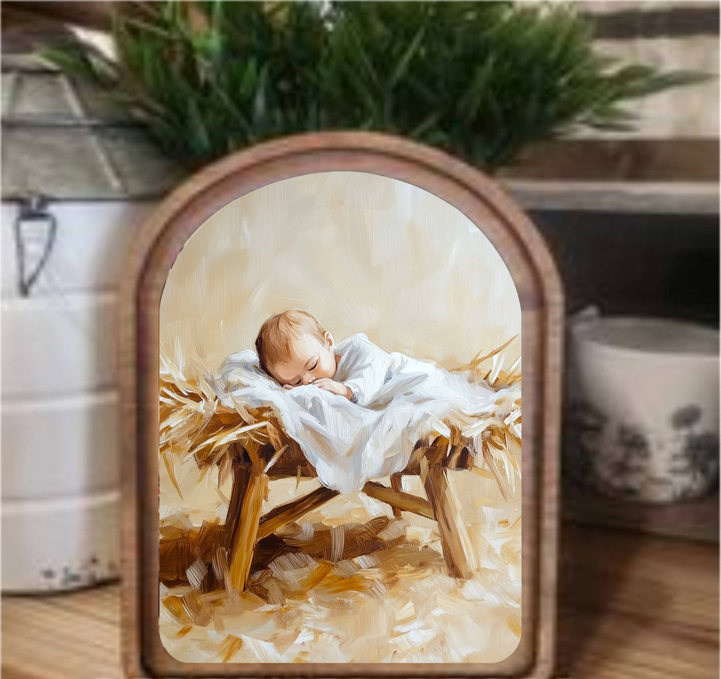 Manger Framed Art Arch Top, Feathered Farmhouse