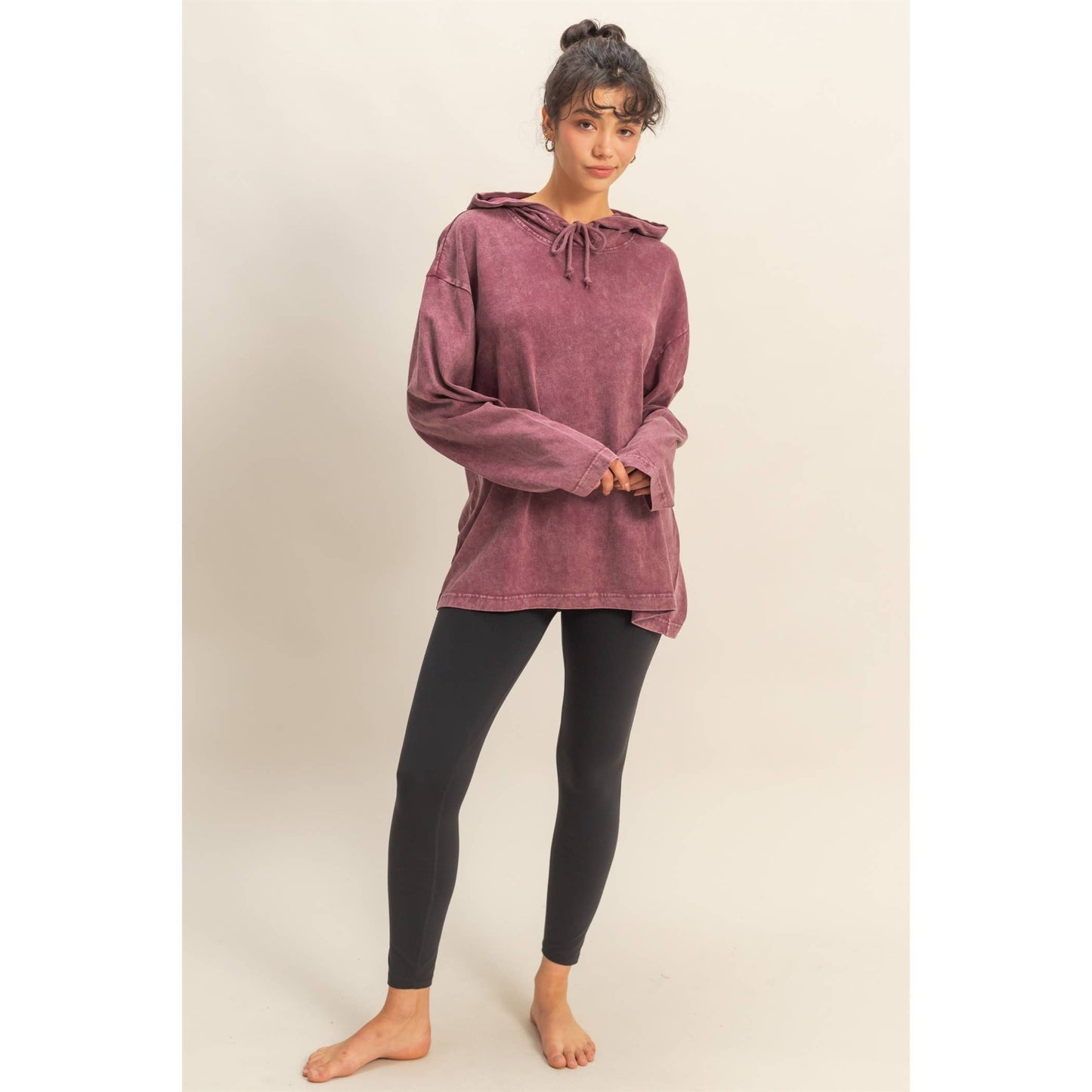 Oversized Hooded Long-Sleeve Top, Feathered Farmhouse