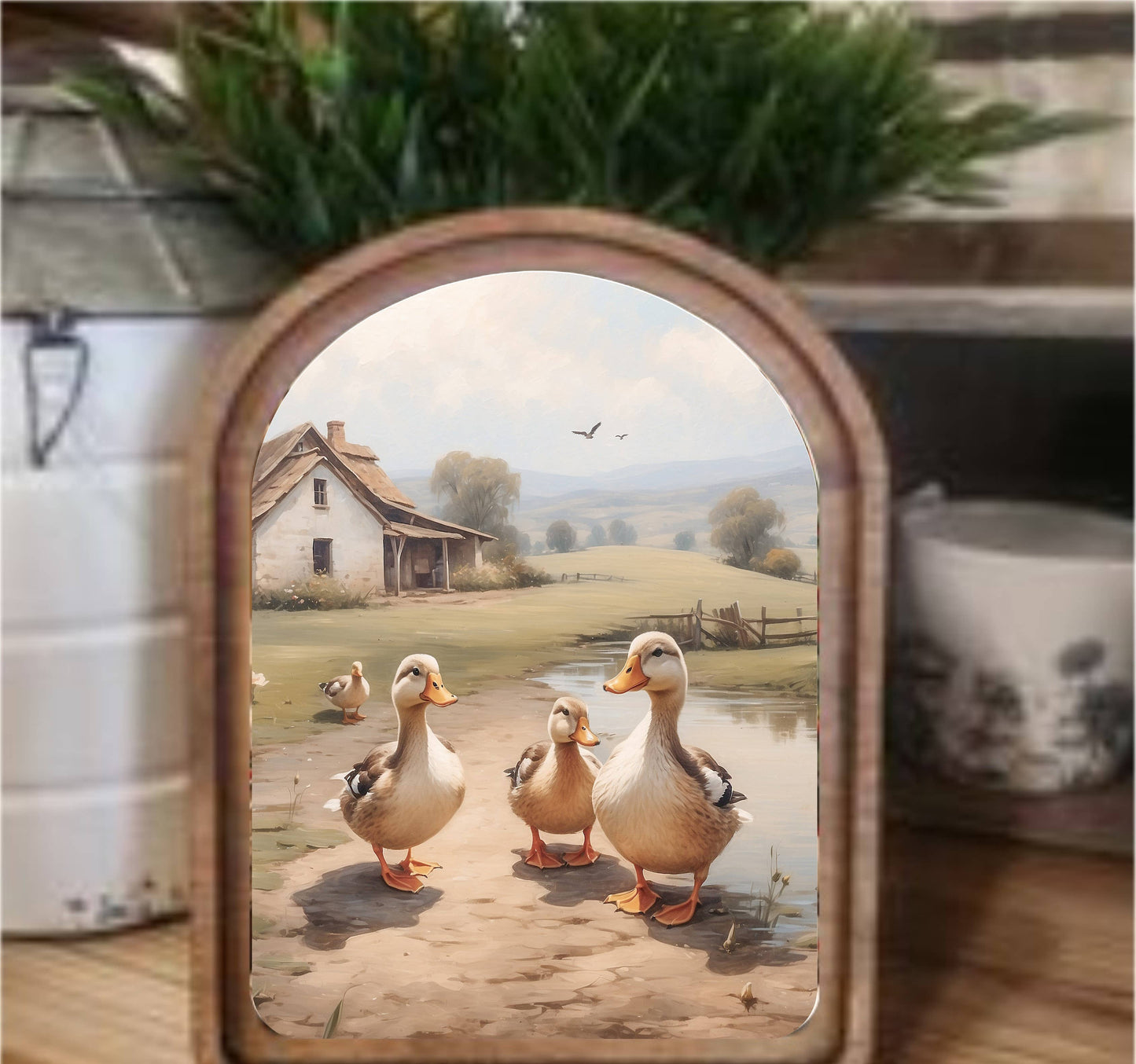 Farmhouse Ducks Framed Art Arch Top, Feathered Farmhouse
