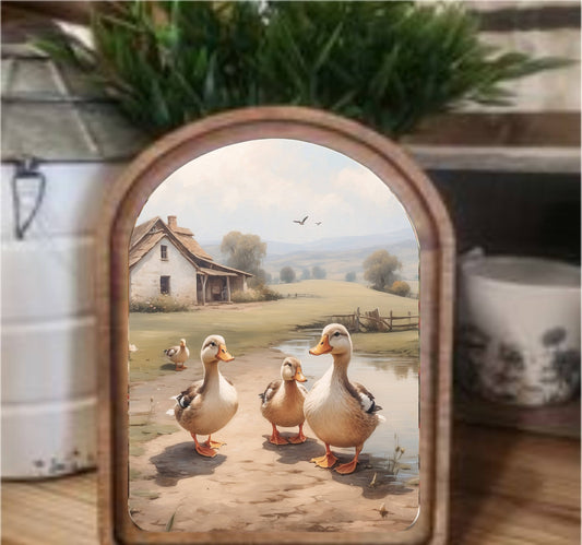 Farmhouse Ducks Framed Art Arch Top, Feathered Farmhouse