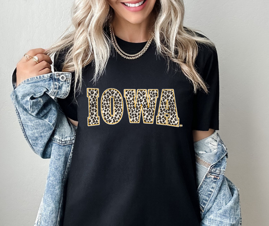 Leopard Iowa Block Letters Black Tee, Feathered Farmhouse