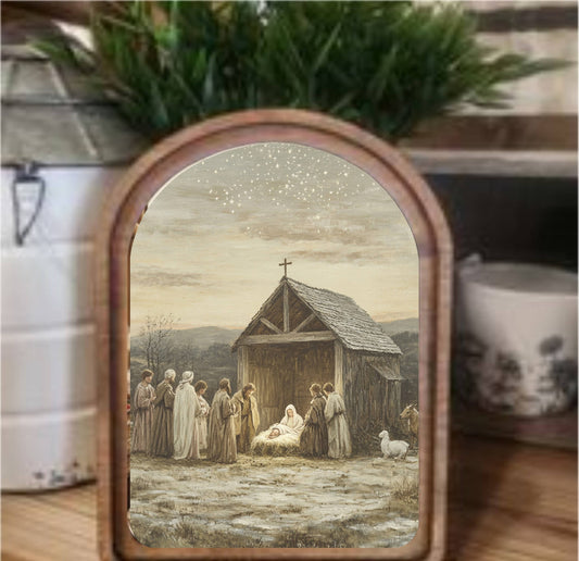 Nativity Scene Framed Art Arch Top, Feathered Farmhouse