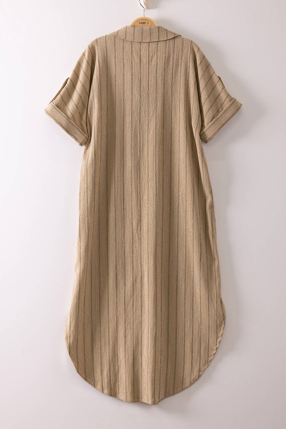 Taupe Striped Linen Midi Button Down Shirt Dress, Feathered Farmhouse
