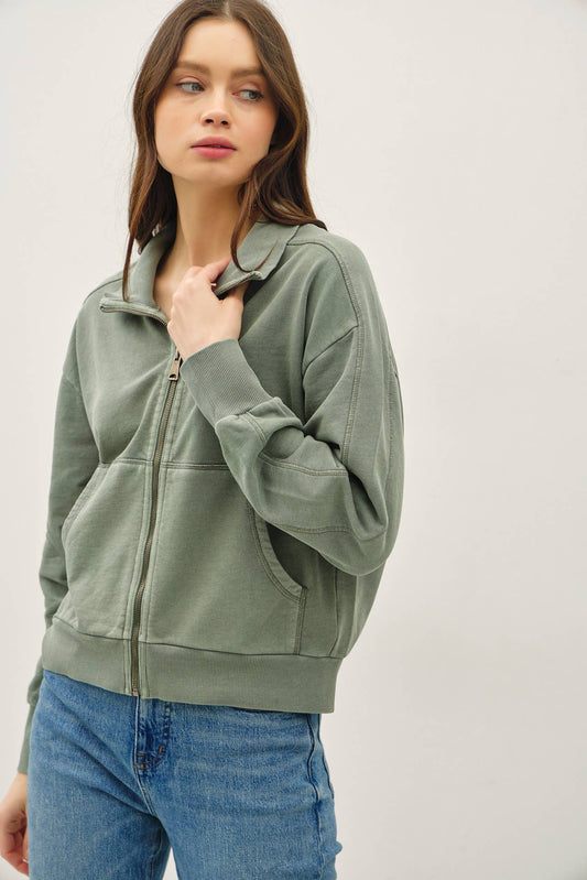 Sage Acid Wash Zip Up, Feathered Farmhouse