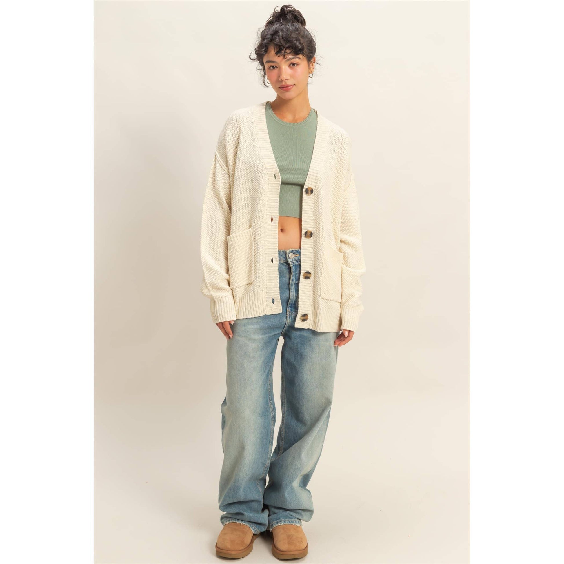 Button-Front Oversized Cardigan, Feathered Farmhouse