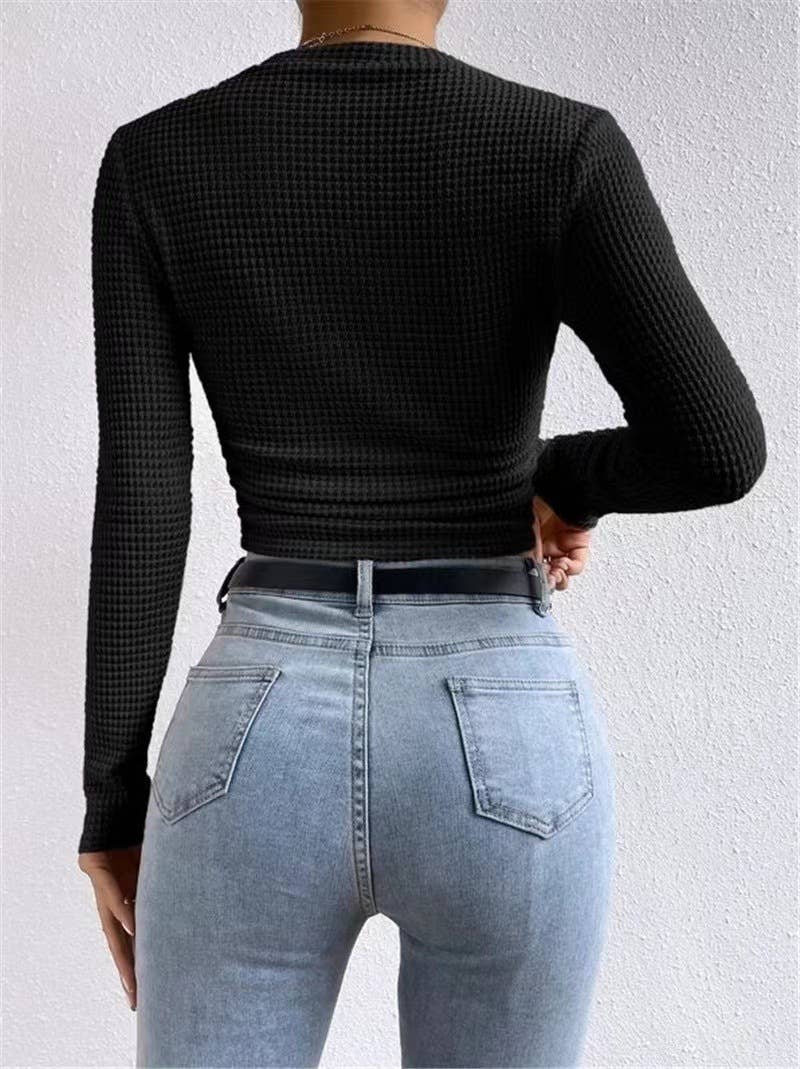 Black Plain Waffle Fitted long Sleeve Top, Feathered Farmhouse