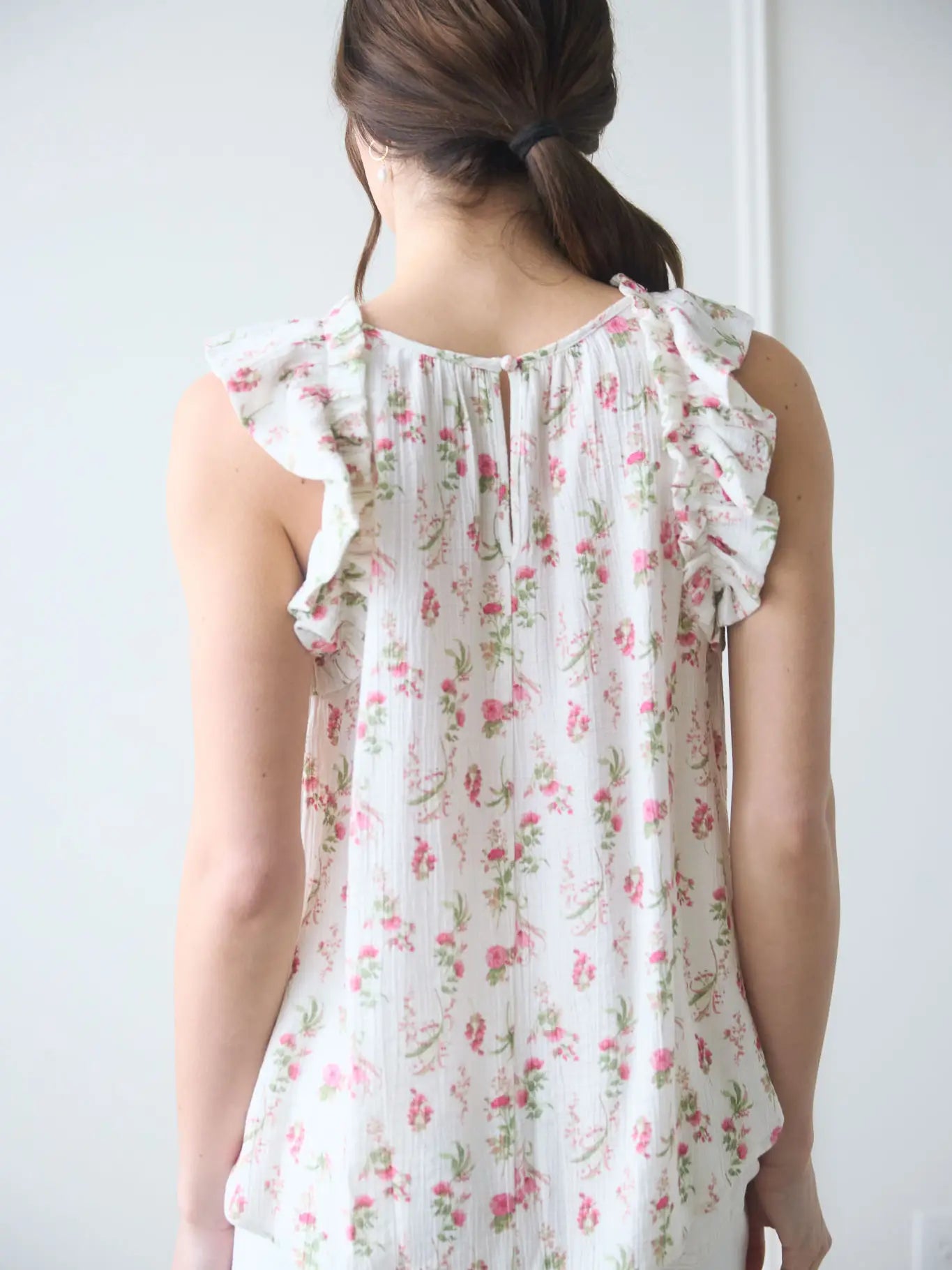 Floral Ruffle Detail Sleeveless Top, Feathered Farmhouse