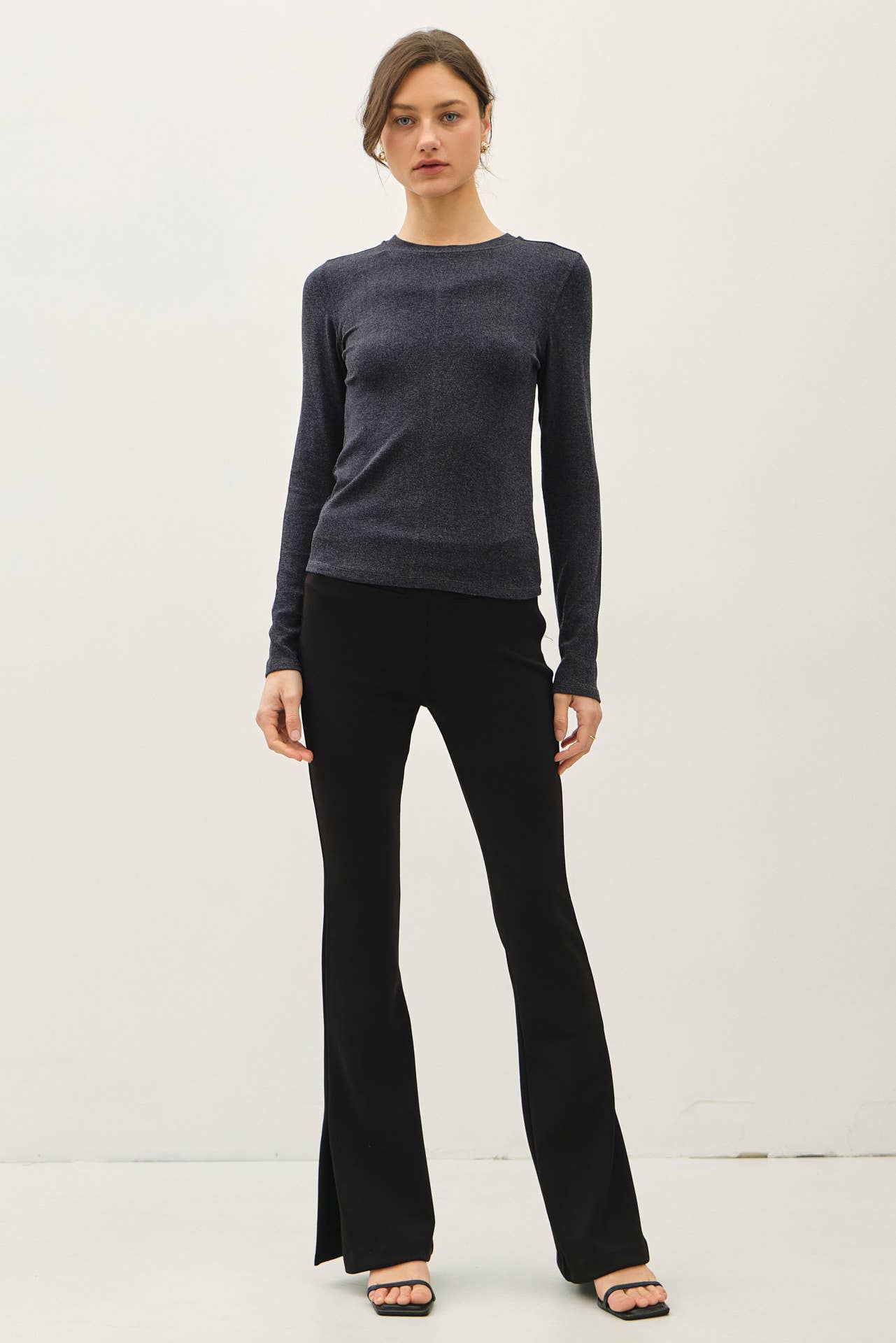 Ribbed Crewneck Long Sleeve Top, Feathered Farmhouse