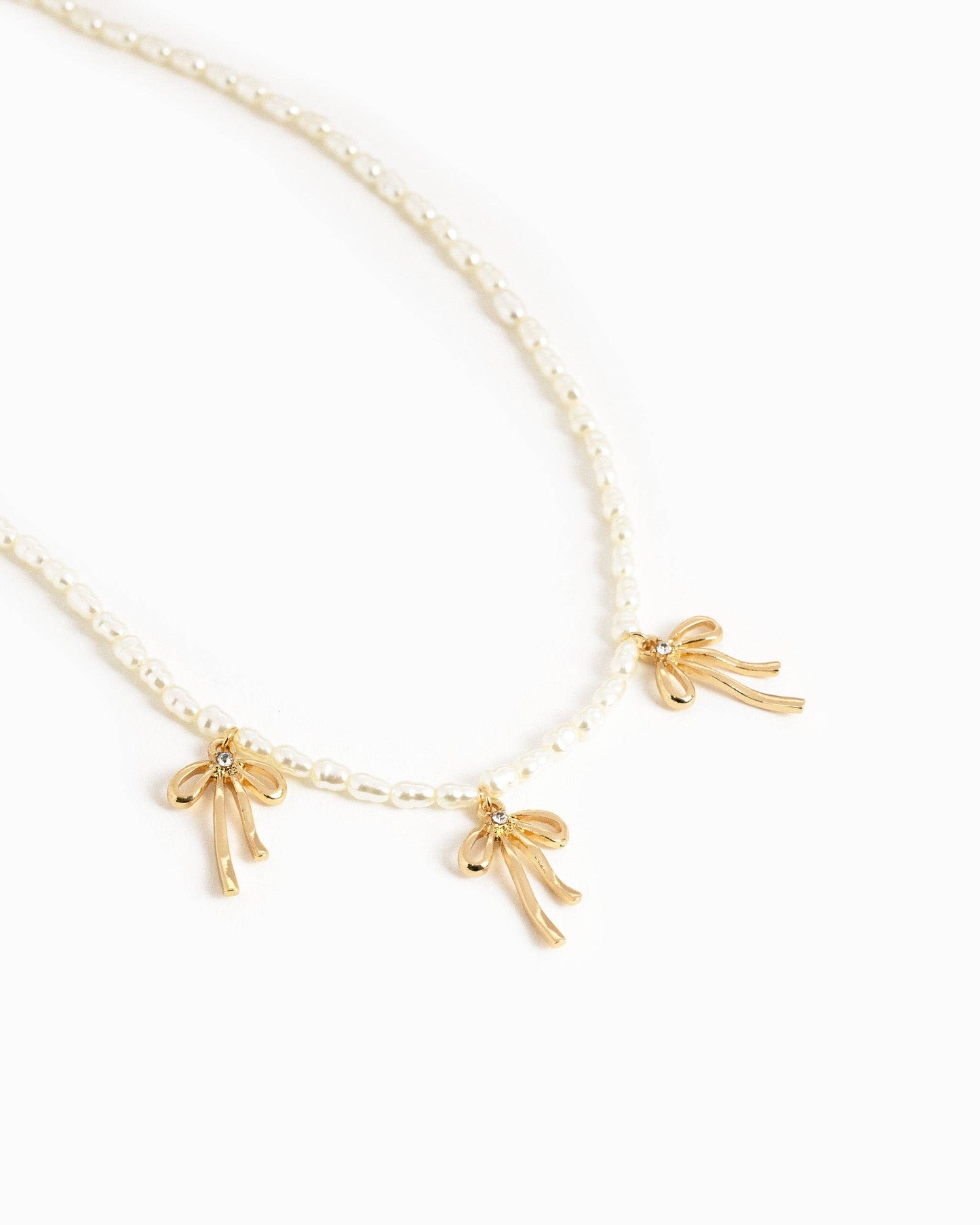 Triple Natural Bow Station Pendants Pearl Necklace, Feathered Farmhouse