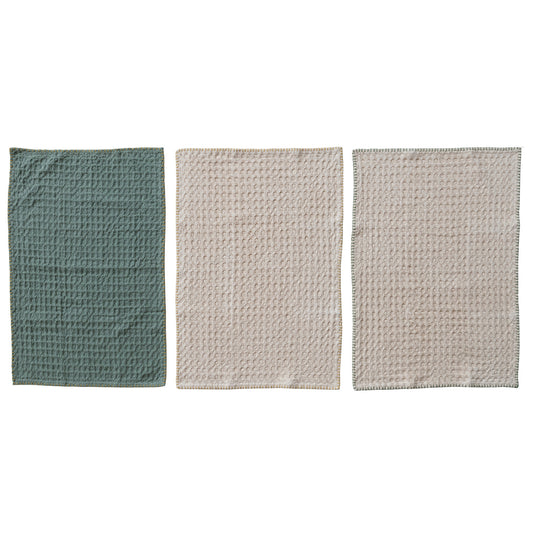 Waffle Weave Tea Towels, Set of 3 Tied with Jute Tape & Wood Beads