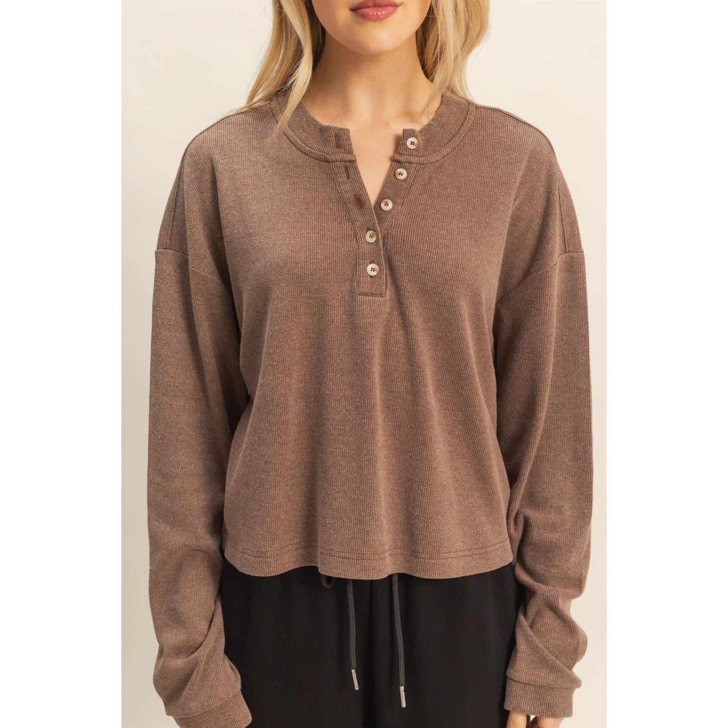 Mineral Washed Long-Sleeve Henley Top