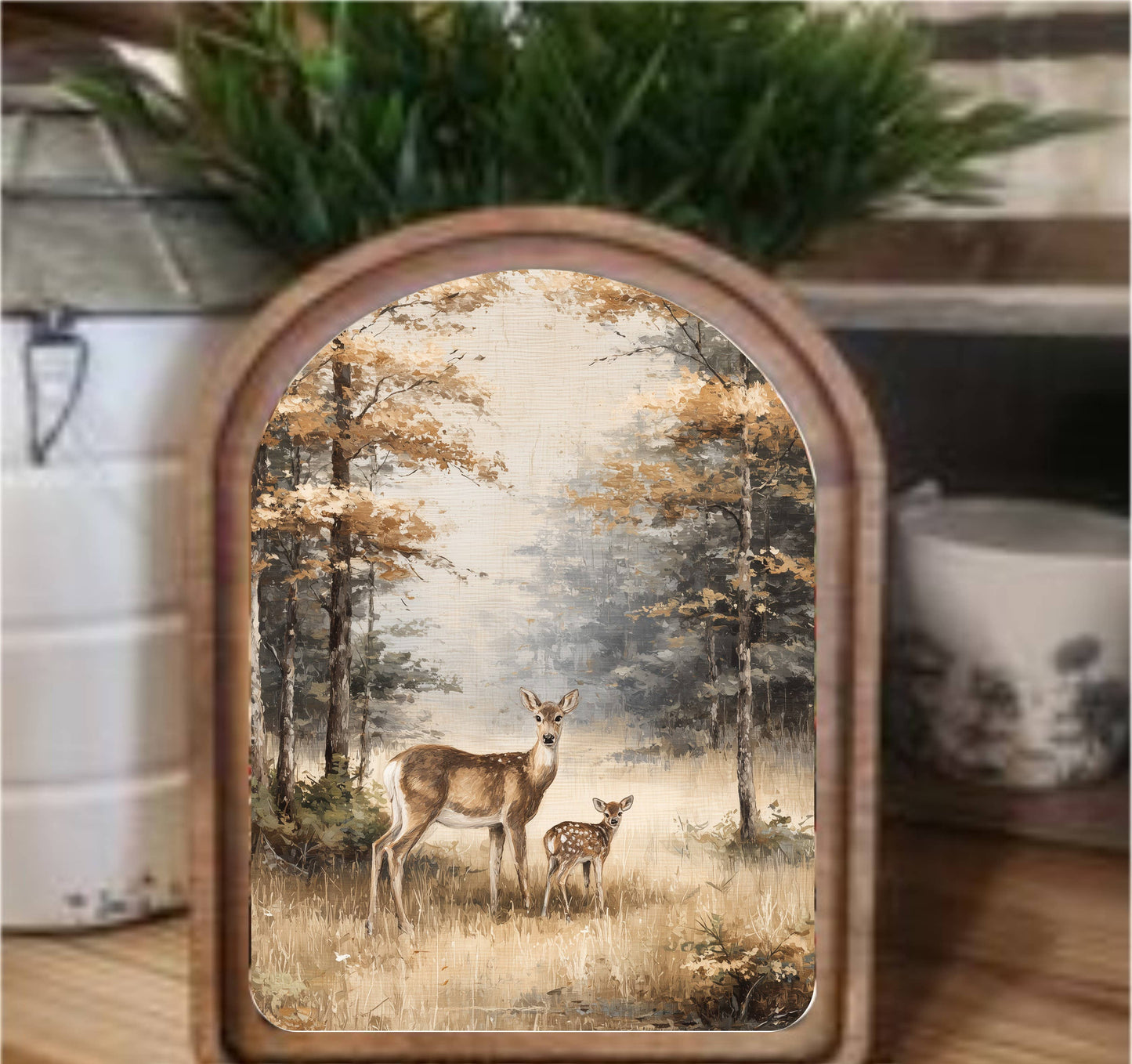 Doe And Fawn Framed Art Arch Top, Feathered Farmhouse