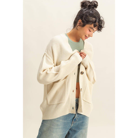 Button-Front Oversized Cardigan, Feathered Farmhouse
