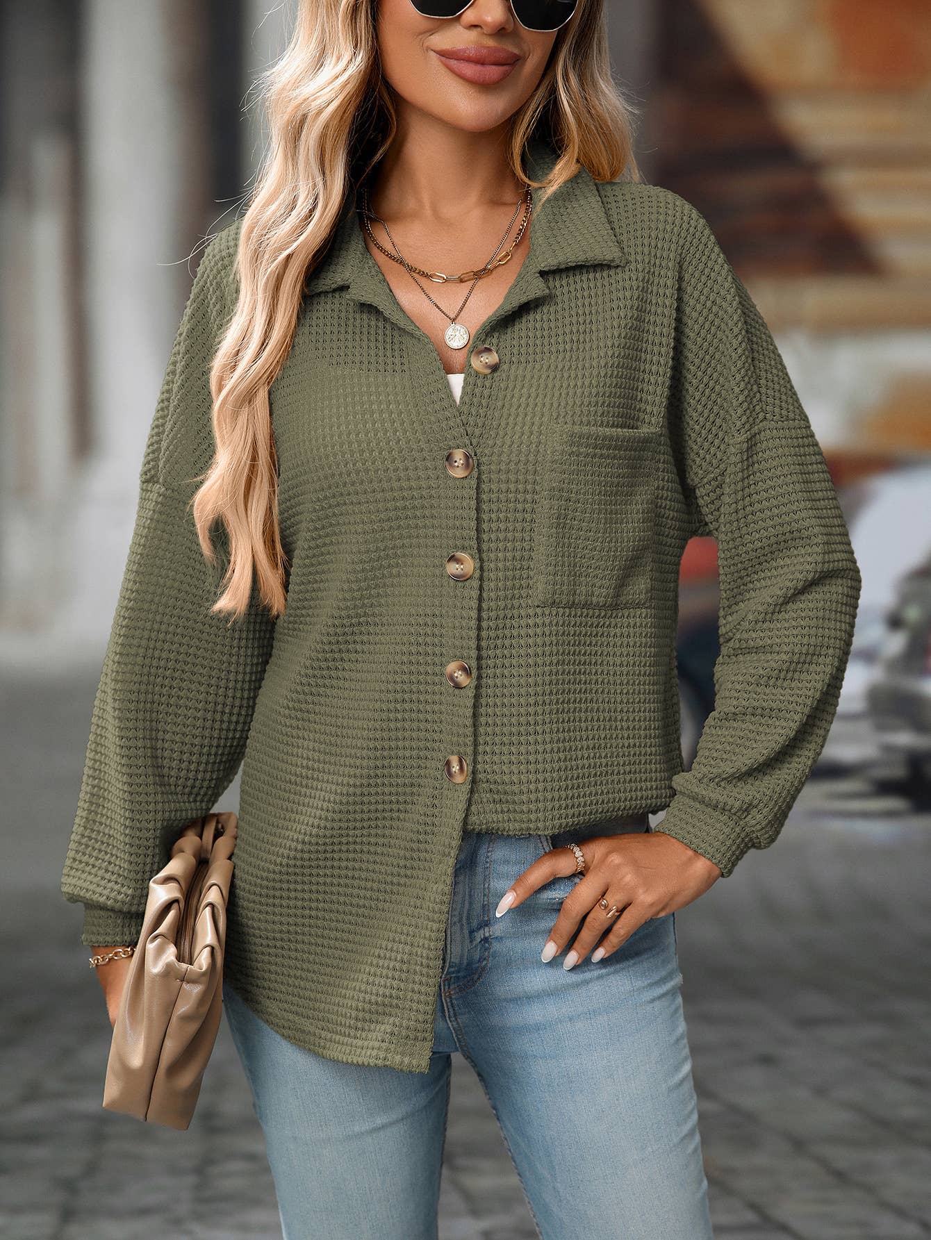 Waffle Knit Button-Up Shirt, Feathered Farmhouse