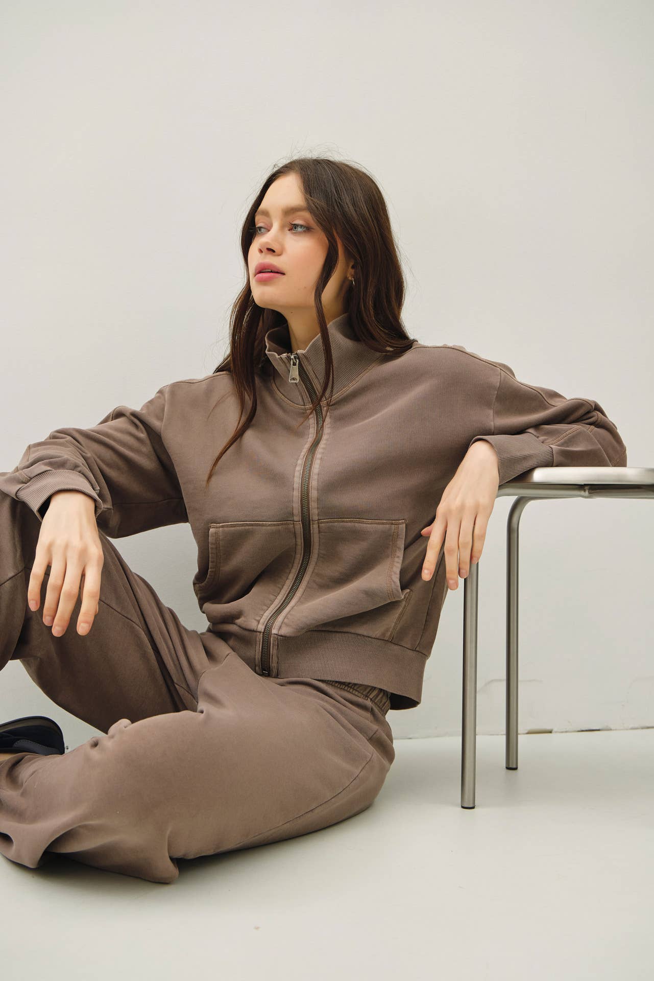 Espresso Acid Wash Zip Up, Feathered Farmhouse