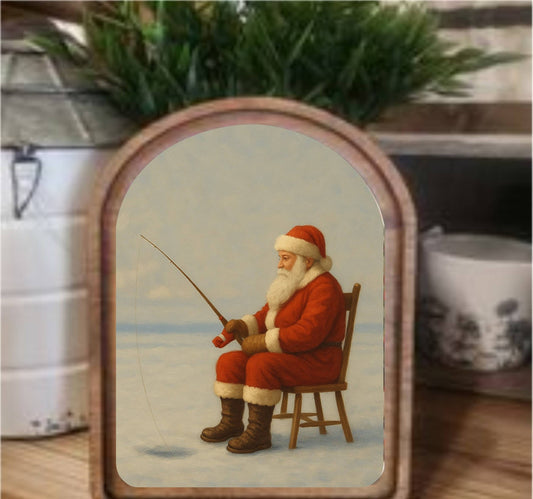 Ice Fishing Santa Framed Art Arch Top, Feathered Farmhouse