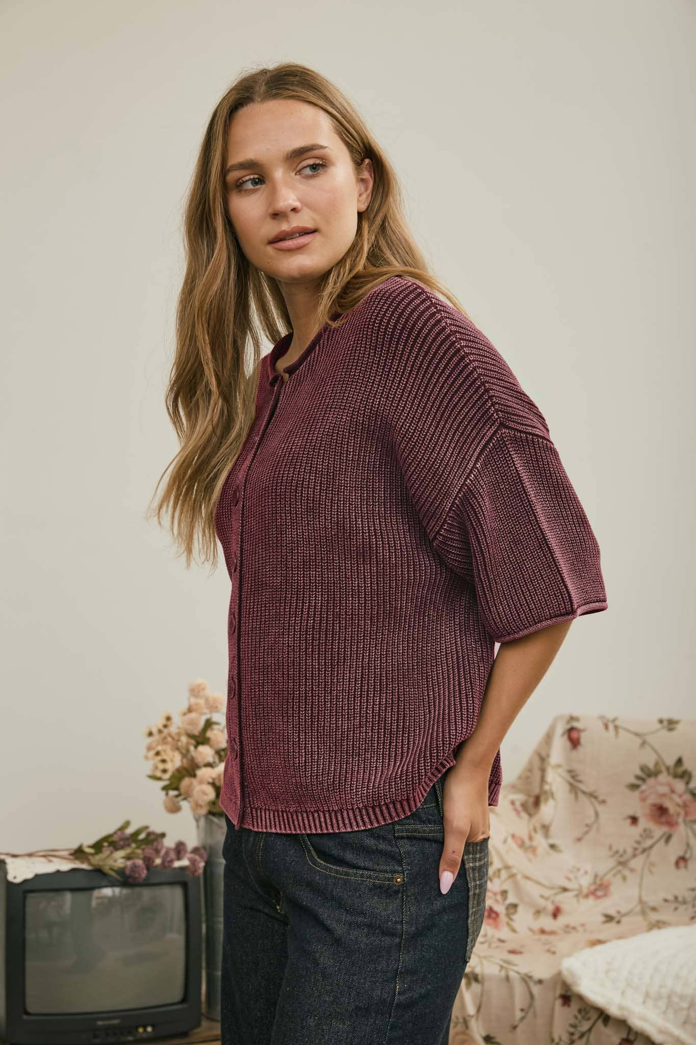 Burgundy Ribbed Rolled Edge Cardigan, Feathered Farmhouse