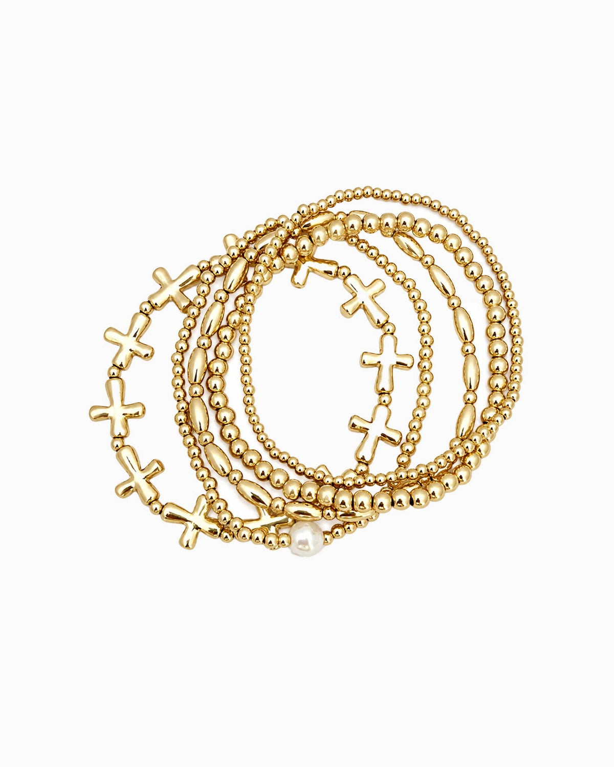 Cross & Pearl 5-Piece Stretch Bracelet Set, Feathered Farmhouse