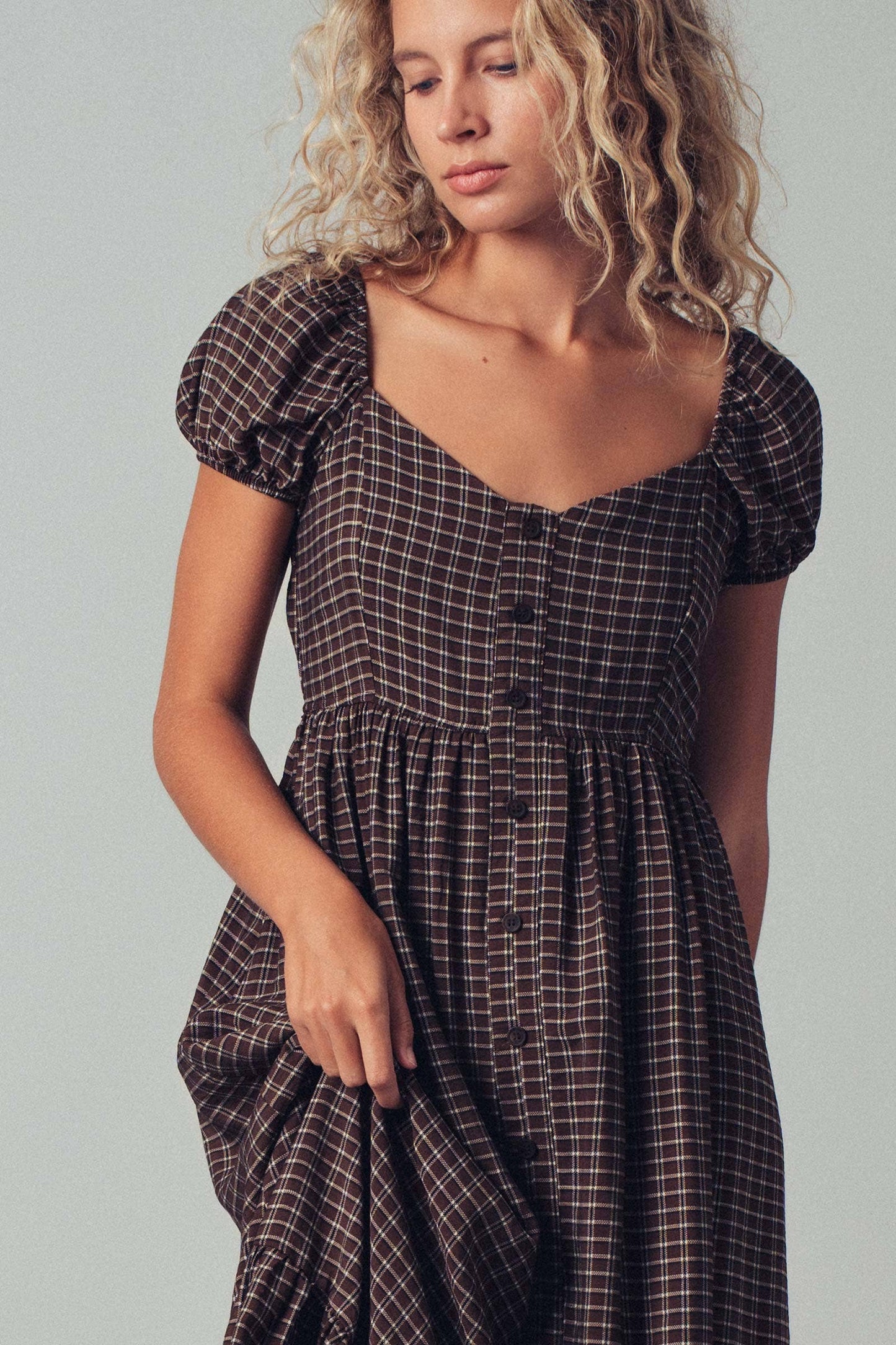 Check Puff Sleeve Smocked Midi Dress, Feathered Farmhouse