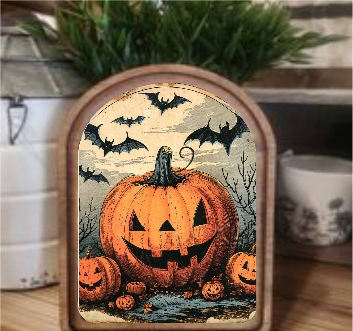 Jack O Lantern Framed Arch Top, Feathered Farmhouse