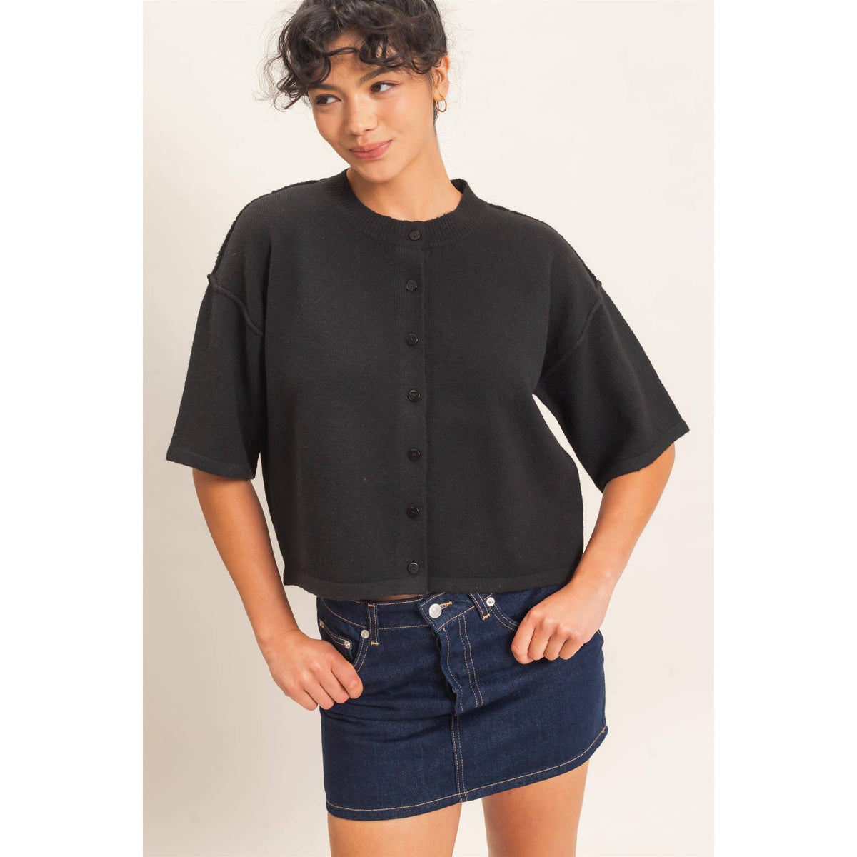 Black Drop Shoulder Short Sleeve Cardigan, Feathered Farmhouse