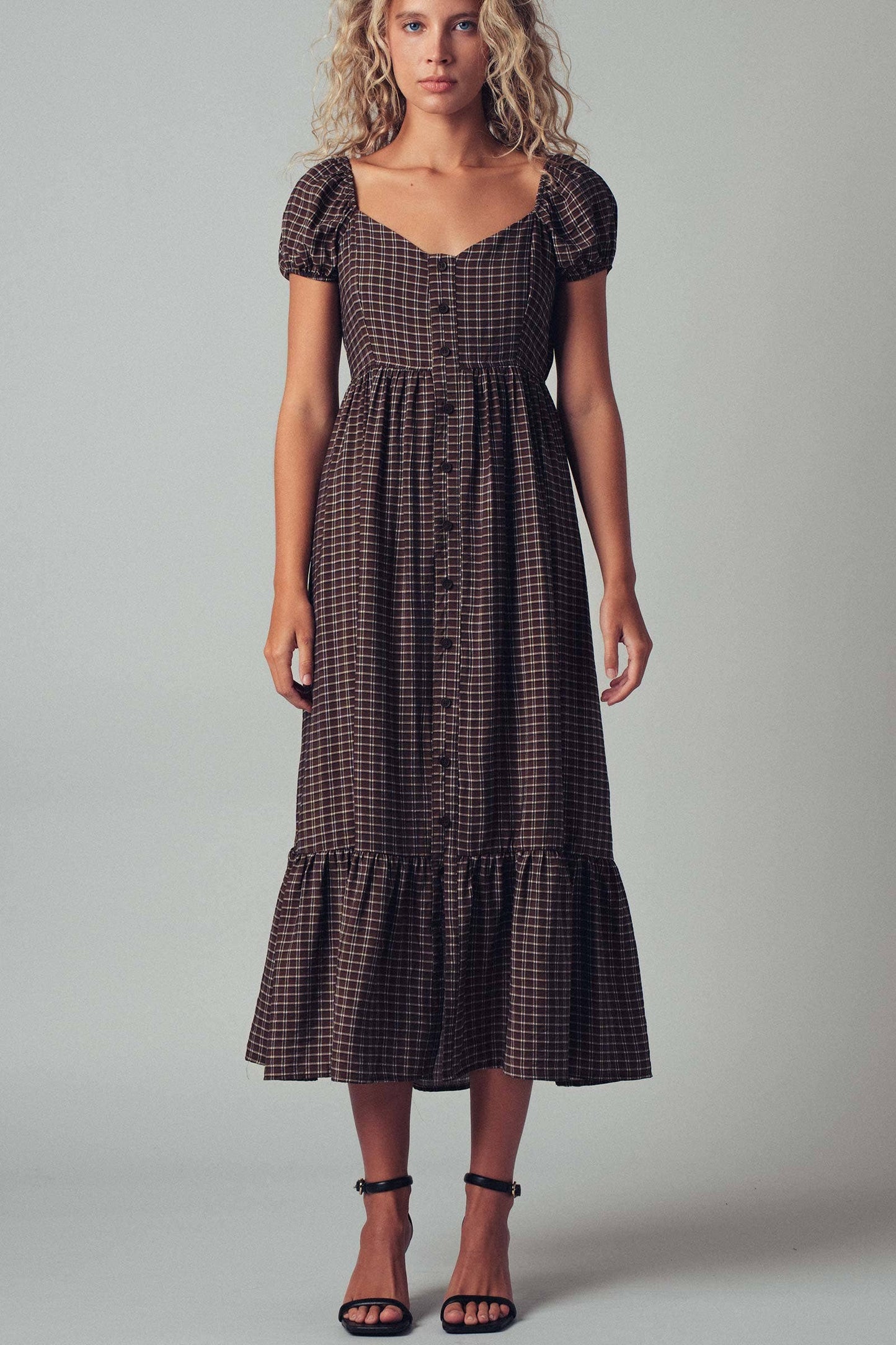 Check Puff Sleeve Smocked Midi Dress, Feathered Farmhouse