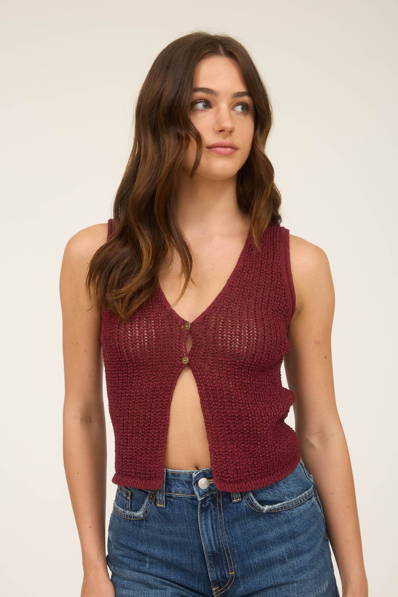 V-Neck Front Button Crochet Knit Vest, Feathered Farmhouse