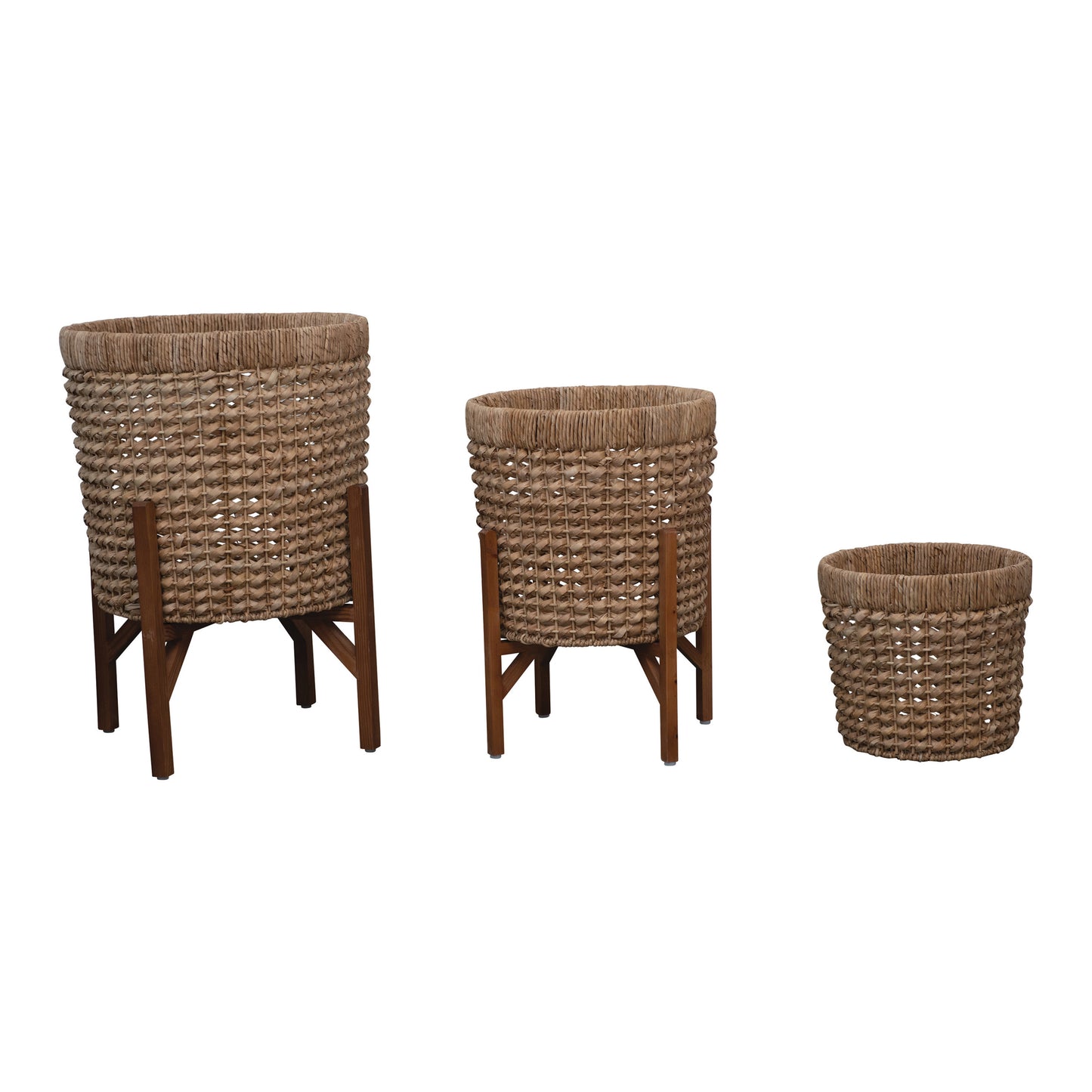 3 Hand-Woven Planters with 2 Wood Stands, Feathered Farmhouse