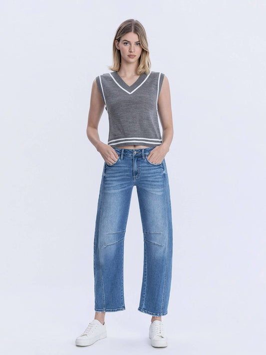 High Rise Medium Wash Crop Barrel Jeans, Feathered Farmhouse