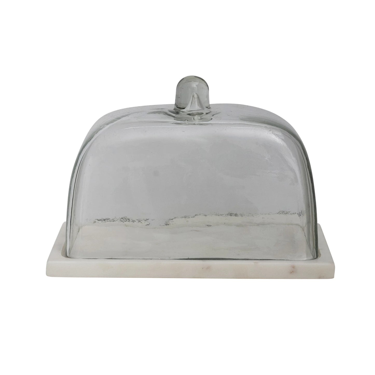 Glass Cloche with White Marble Base, Feathered Farmhouse