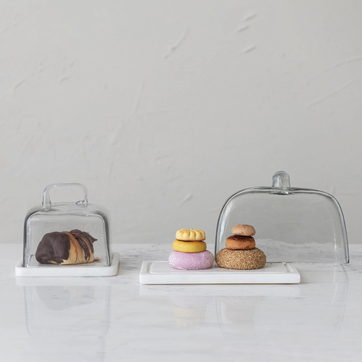 Glass Cloche with White Marble Base, Feathered Farmhouse