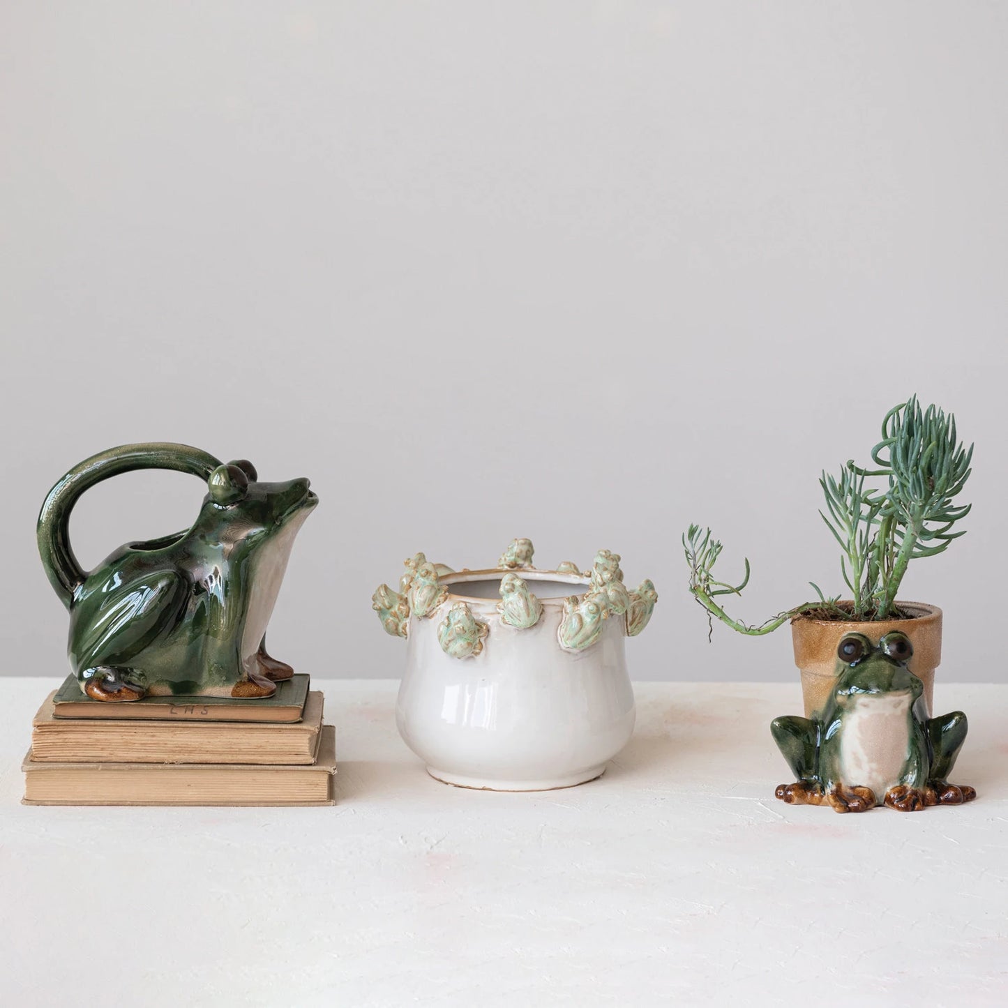 Stoneware Frog Watering Pitcher, Feathered Farmhouse