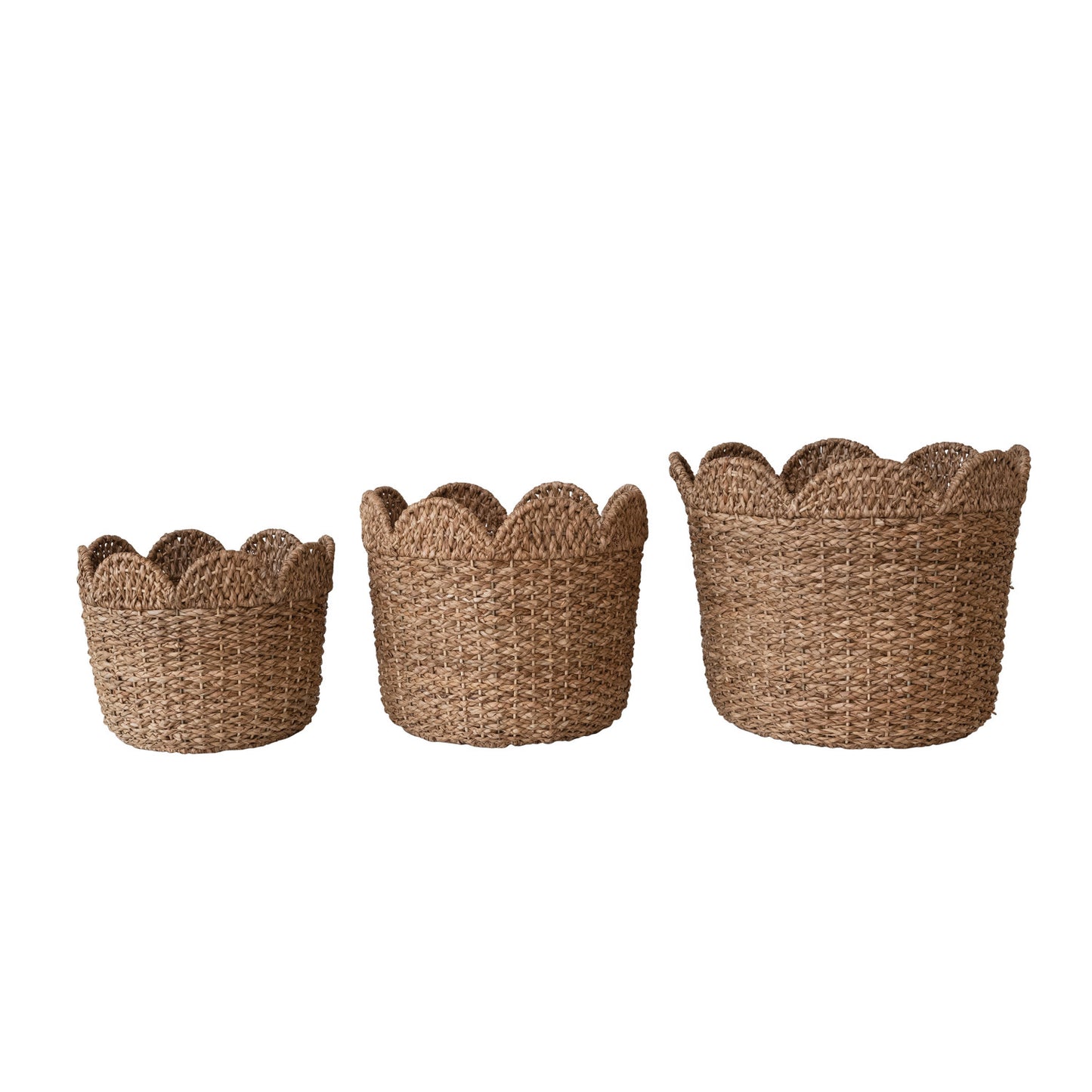 Braided Bankuan & Rattan Baskets with Scalloped Edge, Feathered Farmhouse