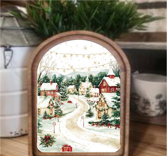 Christmas Village Framed Art Arch Top, Feathered Farmhouse