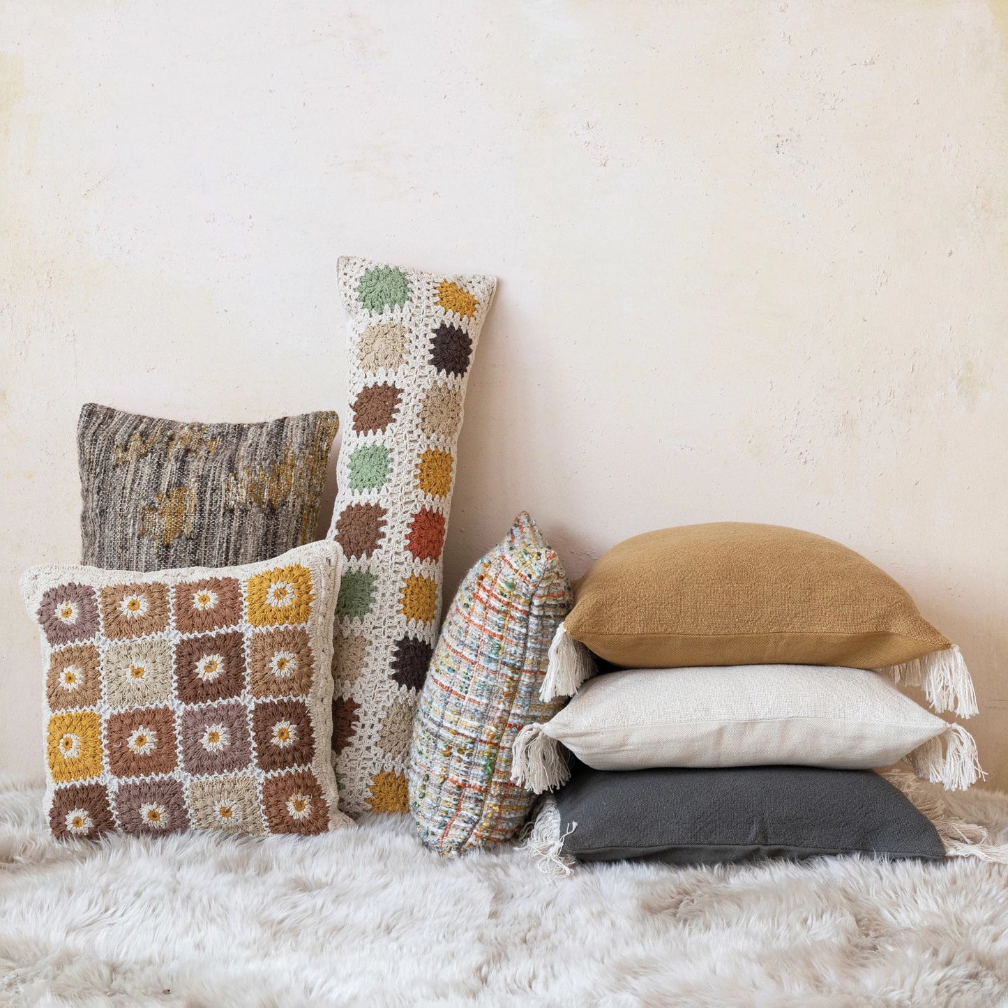 Cotton Crocheted Granny Square Lumbar Pillow, Feathered Farmhouse