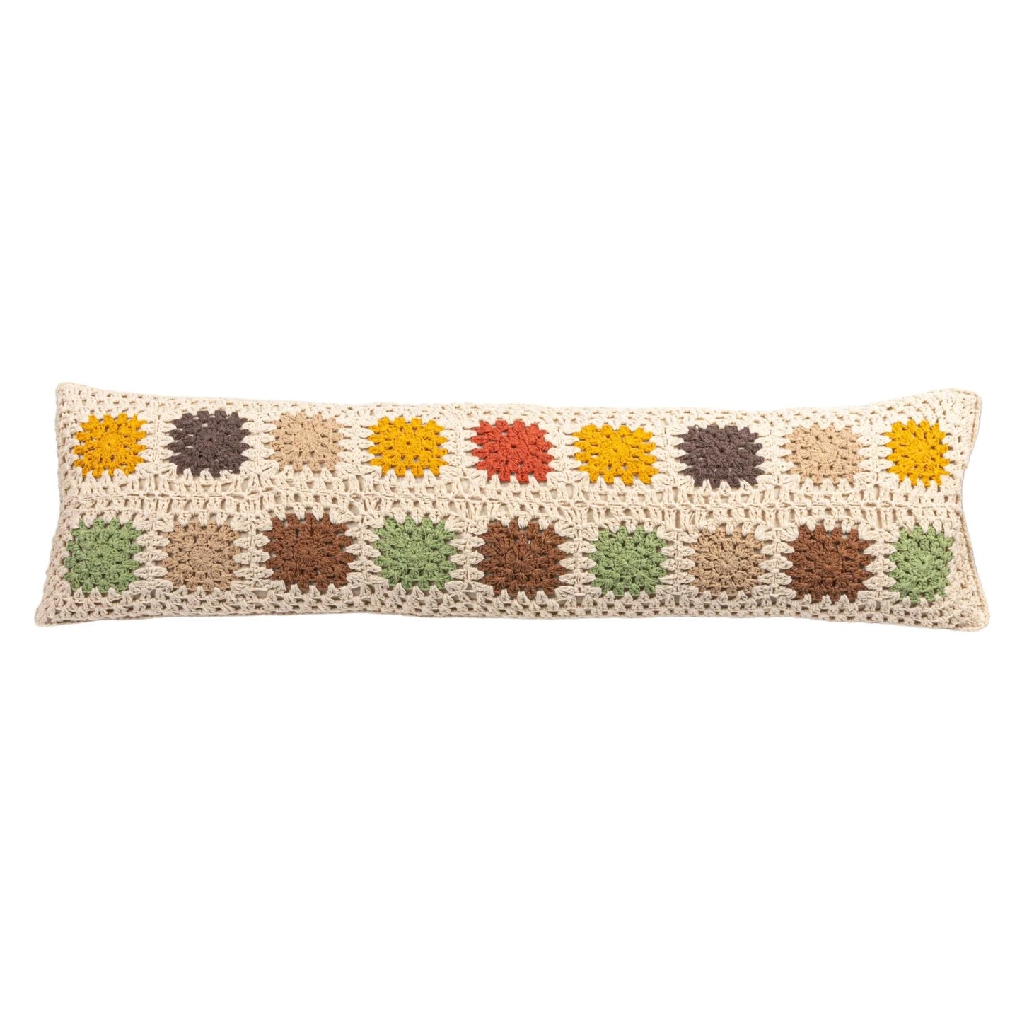 Cotton Crocheted Granny Square Lumbar Pillow, Feathered Farmhouse