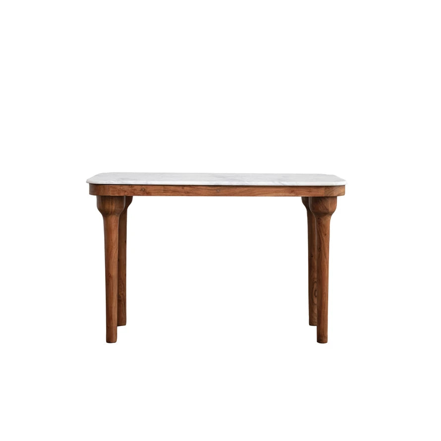 Acacia Wood Console Table with Marble Top, Feathered Farmhouse