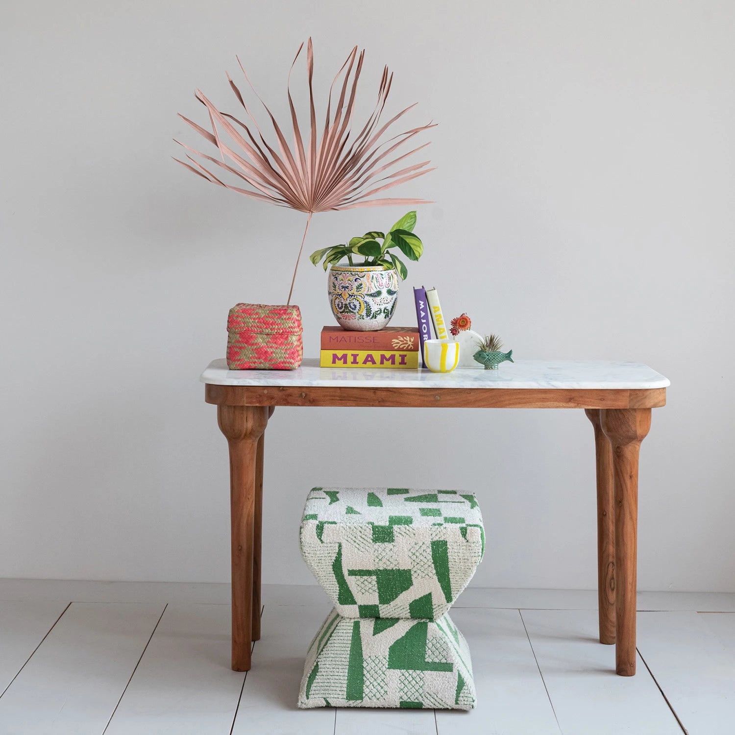 Acacia Wood Console Table with Marble Top, Feathered Farmhouse