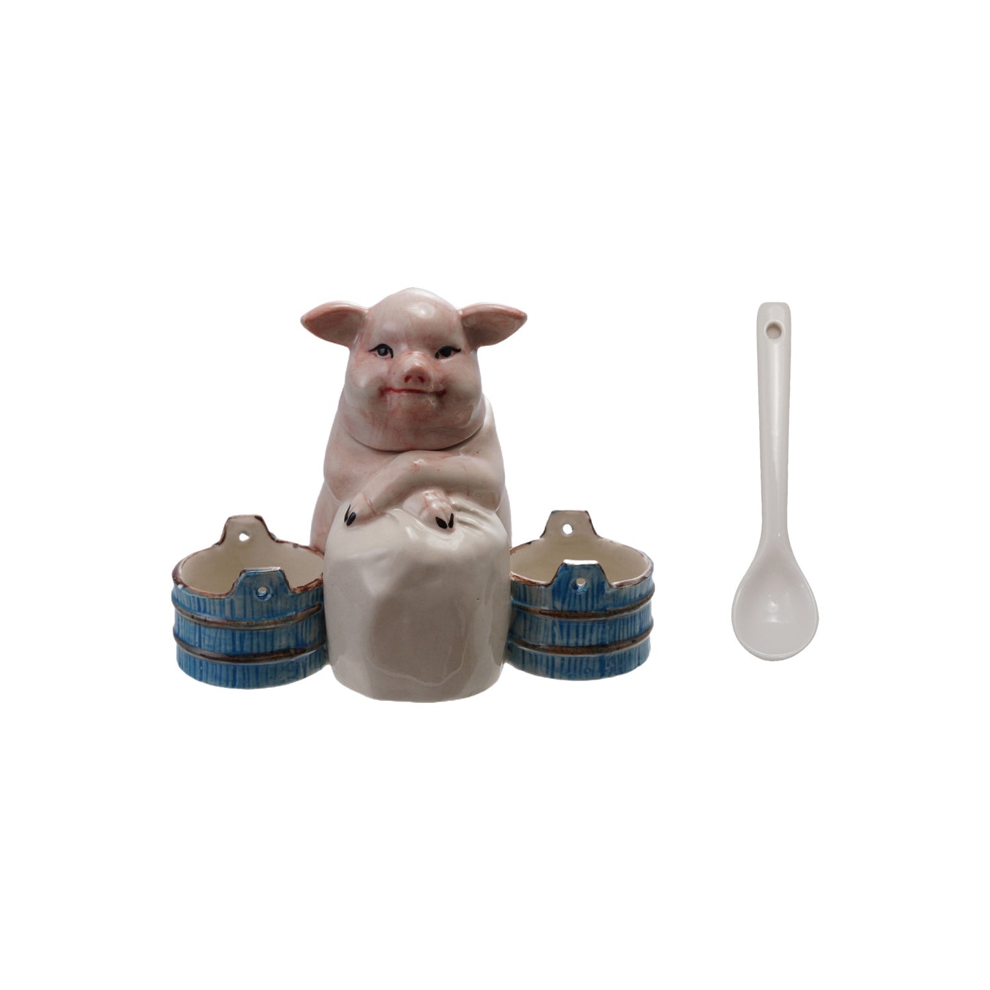 Stoneware Vintage Reproduction Mustard Pot with Spoon, Feathered Farmhouse