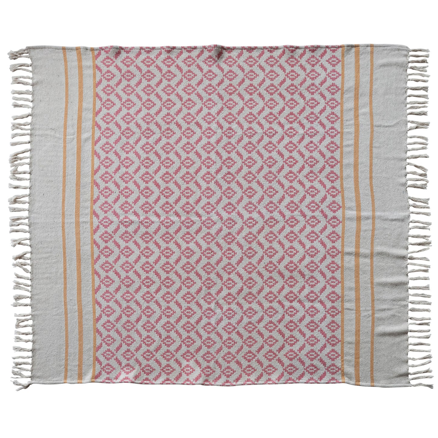 Woven Recycled Cotton Blend Jacquard Throw with Stripes & Tassels, Feathered Farmhouse