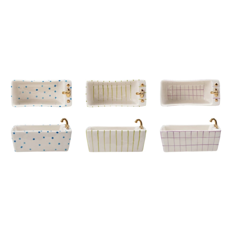 Hand-Painted Stoneware Bathtub Dish, Feathered Farmhouse