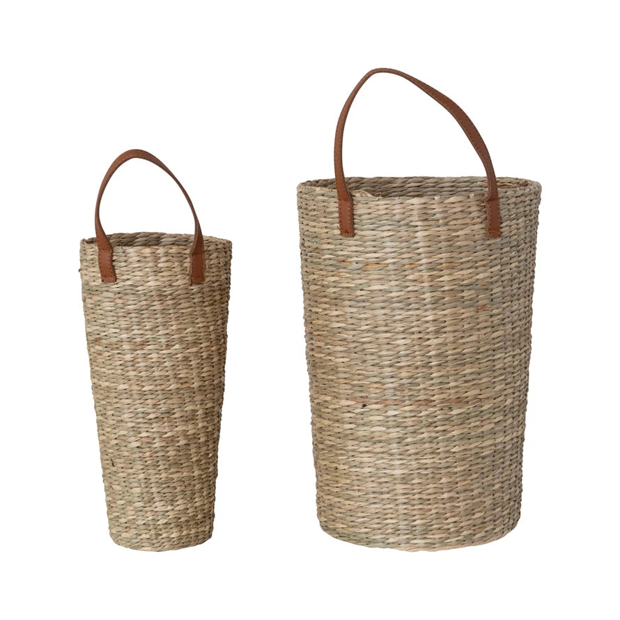 Hand-Woven Seagrass Basket with Faux Leather Handle, Feathered Farmhouse
